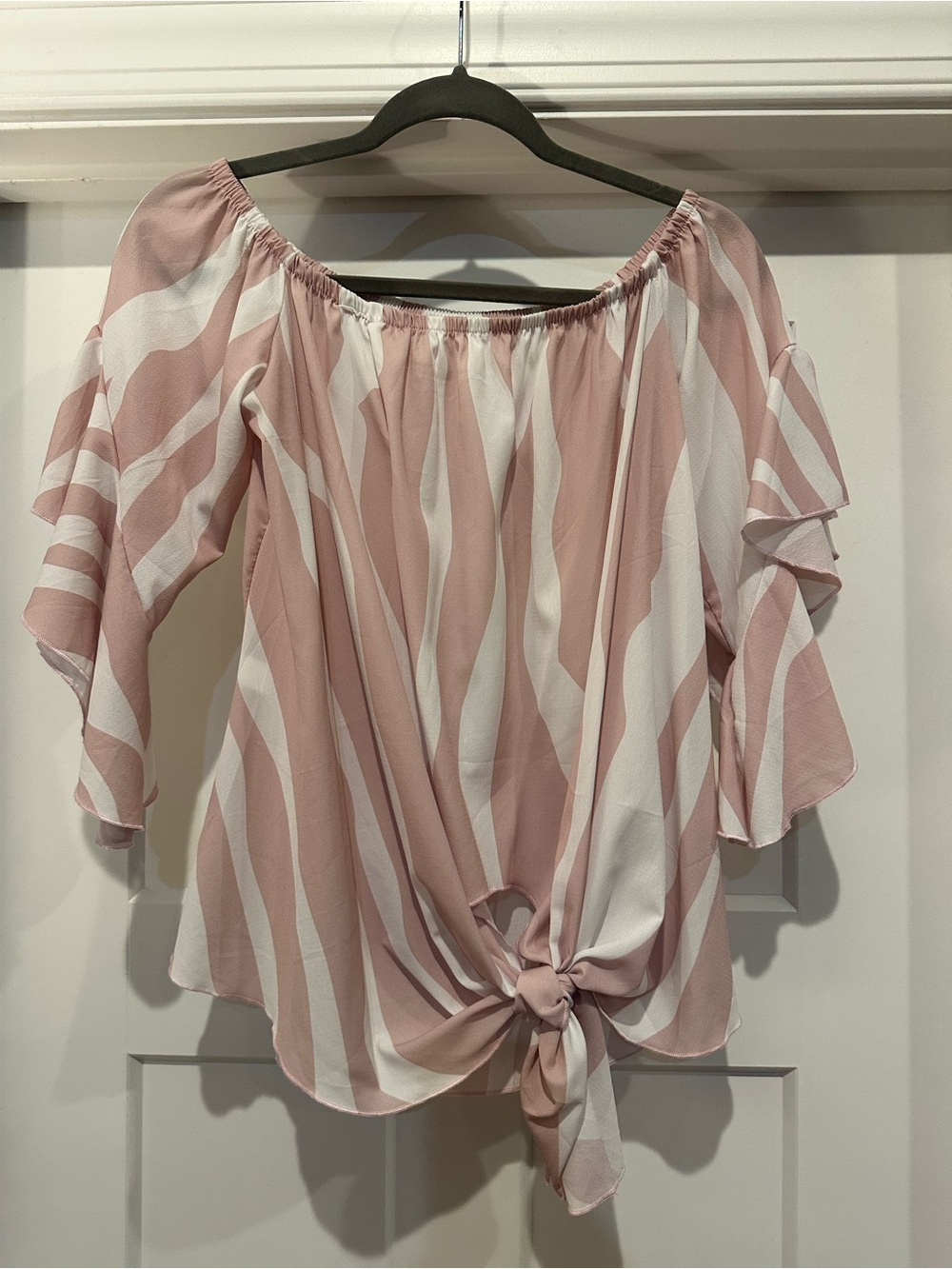 Off-Shoulder Pink Stripe Tie-Front Women's Top